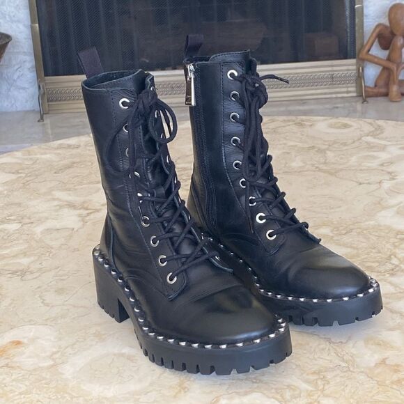 Zara Black Leather Military Lace Up Chunky Ankle Boots With Studs - Picture 5 of 14